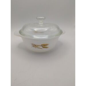 Fire King Casserole Dish 1 pt with Lid Golden Wheat Milk‎ Glass Round Ovenware